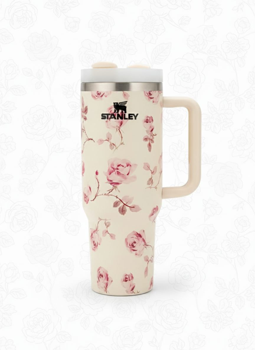 Stanley Floral Stainless Steel Coffee Mug – Elegant Rose Design, Vacuum Insulated Travel Mug (Large Capacity) muawazcraft