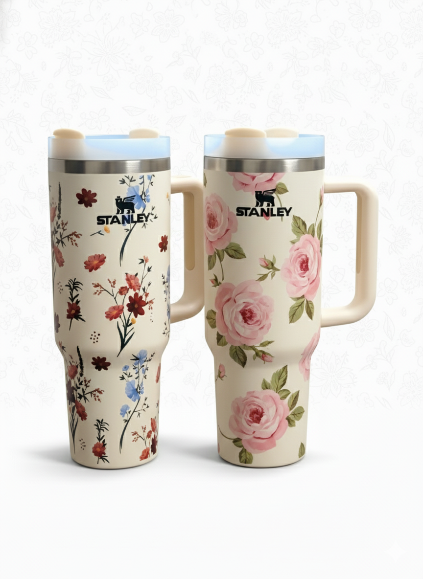 Stanley Floral Stainless Steel Coffee Mug – Elegant Rose Design, Vacuum Insulated Travel Mug (Large Capacity) muawazcraft