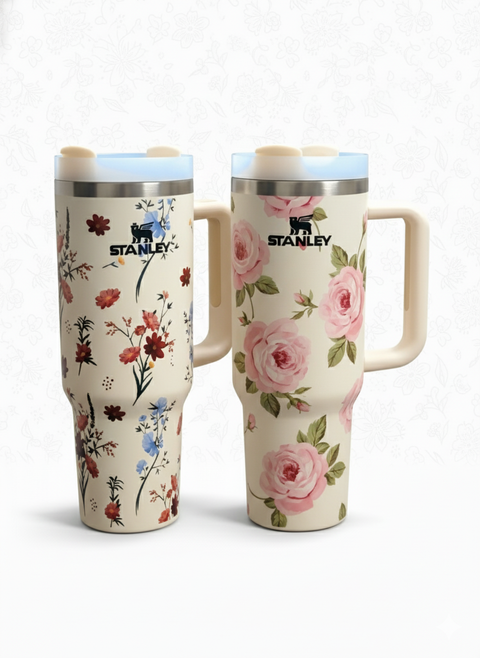 Stanley Floral Stainless Steel Coffee Mug – Elegant Rose Design, Vacuum Insulated Travel Mug (Large Capacity)