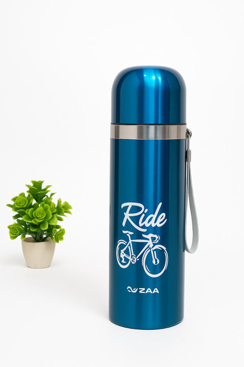 “Ride”-Themed Vacuum Insulated Cyclist Water Bottle | Sleek Blue Stainless Steel Thermos with Portable Strap for Biking Adventures