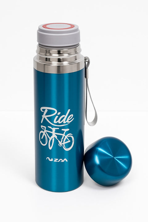 “Ride”-Themed Vacuum Insulated Cyclist Water Bottle | Sleek Blue Stainless Steel Thermos with Portable Strap for Biking Adventures