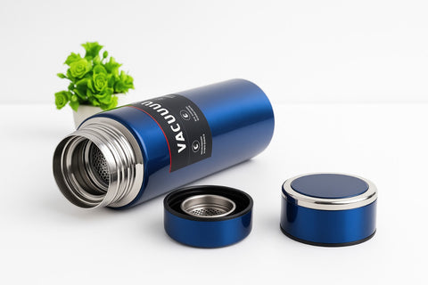 Sleek Navy Blue Vacuum Insulated Water Bottle | Stainless Steel Leak-Proof Thermos with Portable Strap for Hot & Cold Beverages